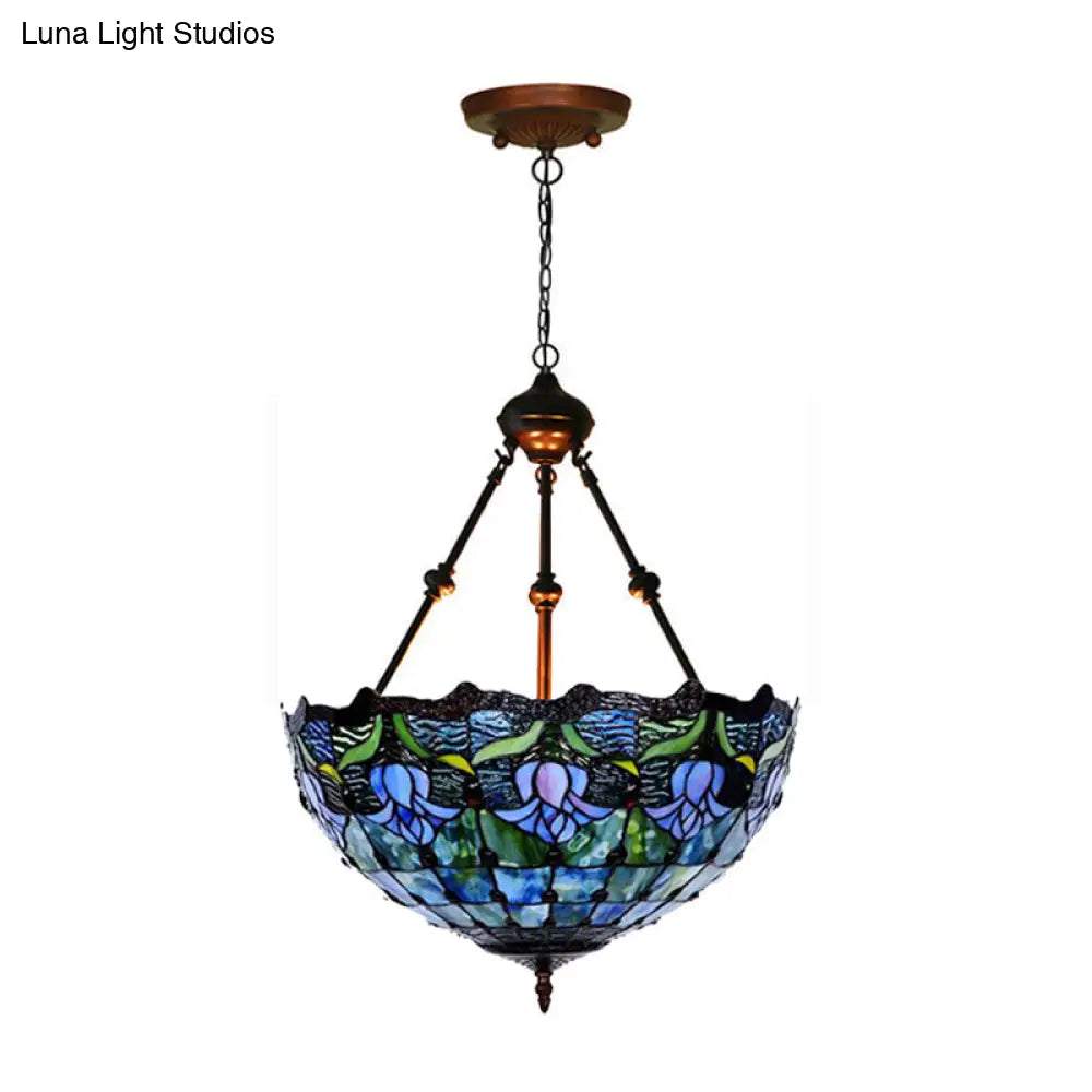 Hand-Cut Glass Pendant Flower Chandelier Light Fixture - Mediterranean Style, 2 Lights, Red/Blue