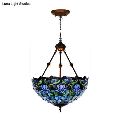 Hand-Cut Glass Pendant Flower Chandelier Light Fixture - Mediterranean Style, 2 Lights, Red/Blue