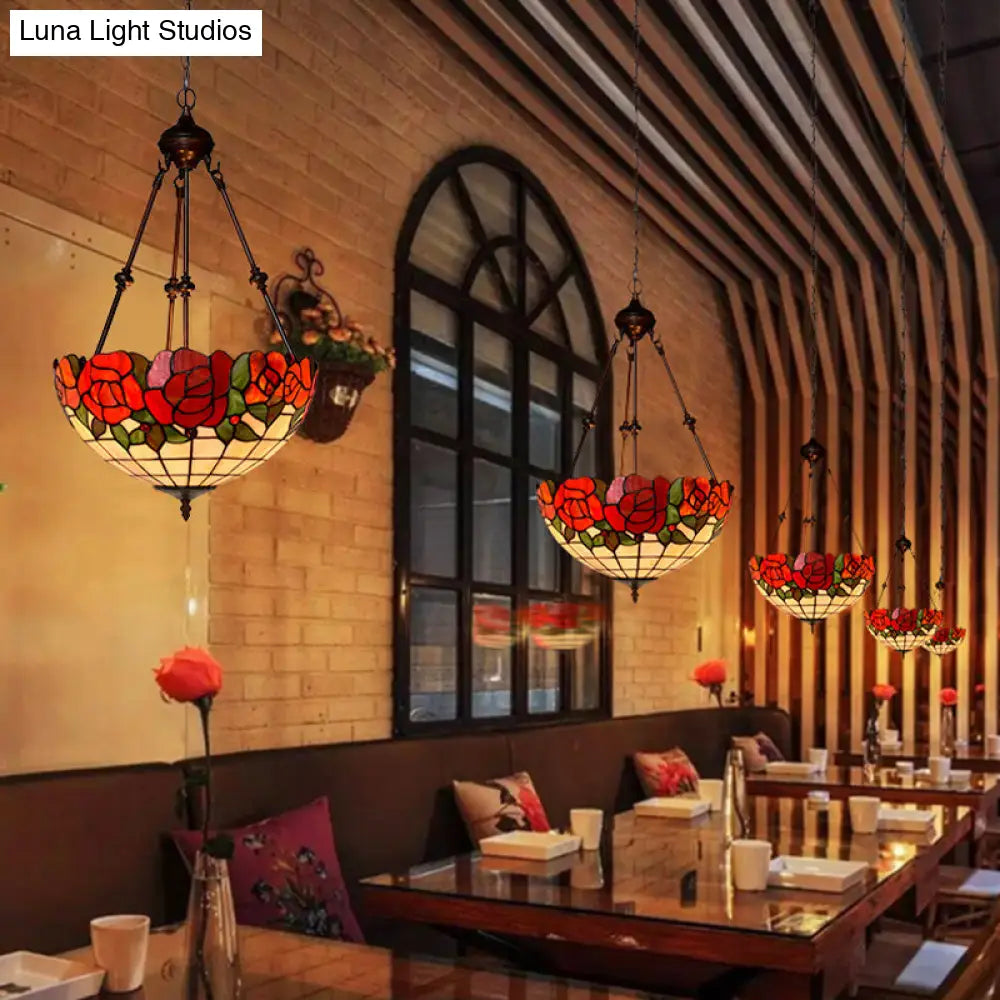 Hand-Cut Glass Pendant Flower Chandelier Light Fixture - Mediterranean Style, 2 Lights, Red/Blue