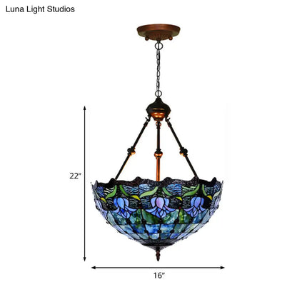 Hand-Cut Glass Pendant Flower Chandelier Light Fixture - Mediterranean Style, 2 Lights, Red/Blue