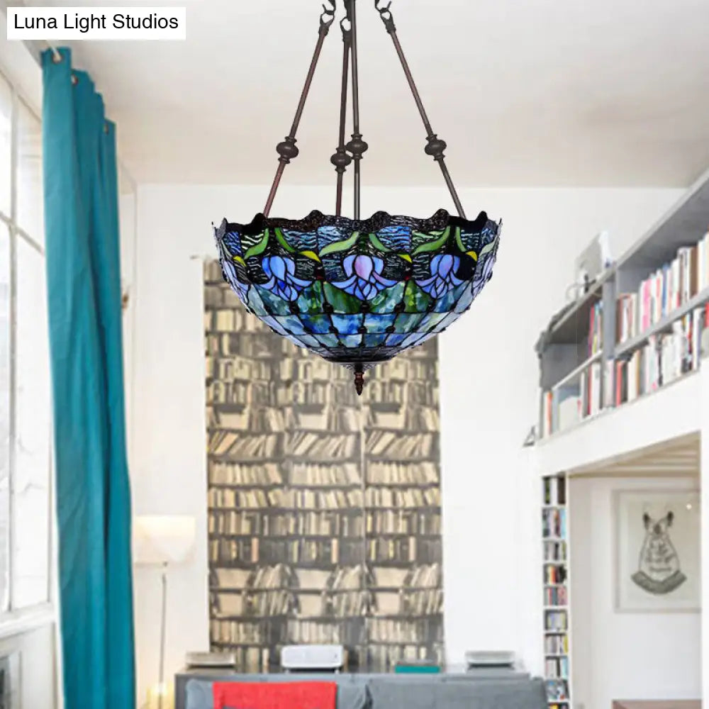 Hand-Cut Glass Pendant Flower Chandelier Light Fixture - Mediterranean Style, 2 Lights, Red/Blue