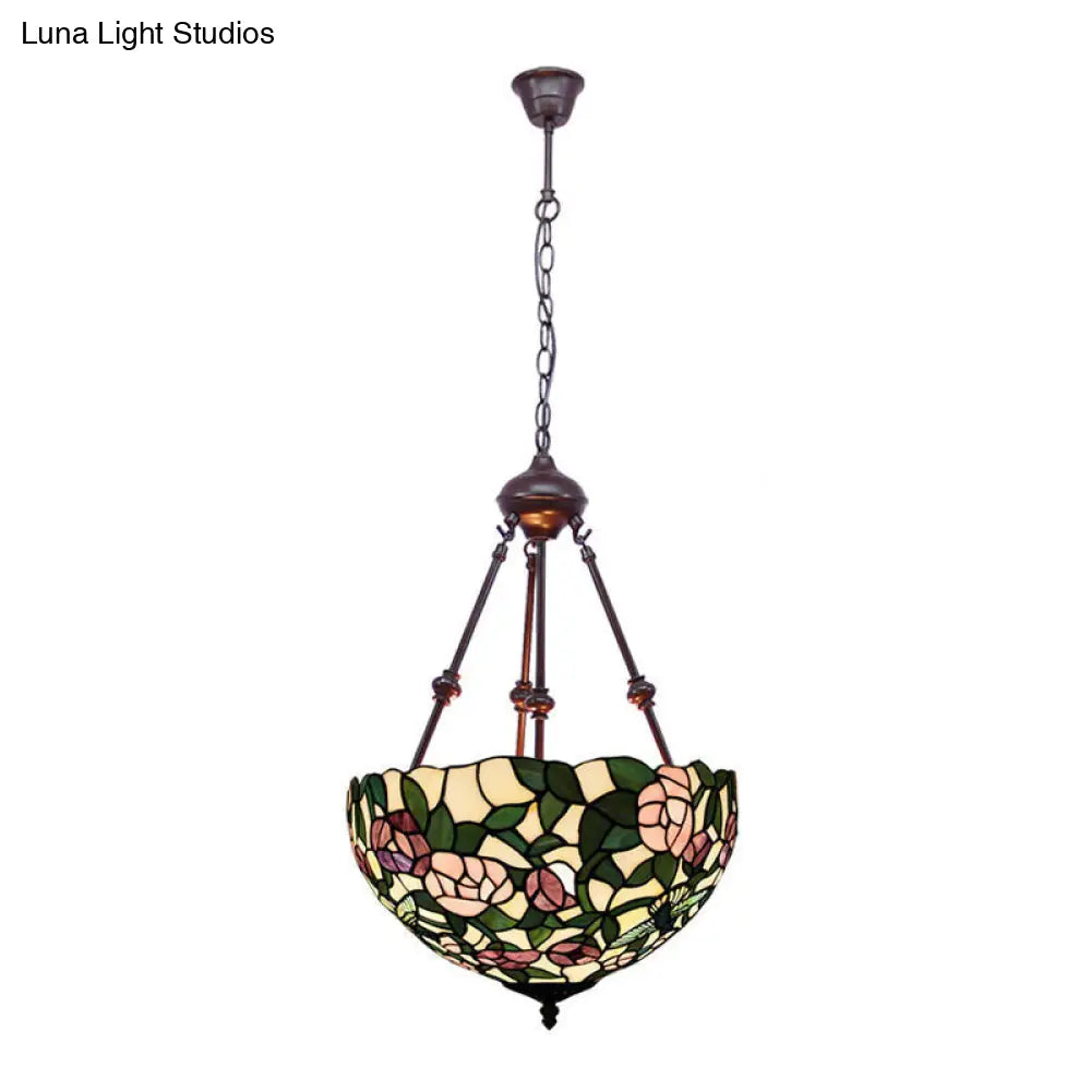 Hand Cut Glass Victorian Bowl Chandelier - 2 Lights, Red/Pink/Purple - Bedroom Pendant Lamp