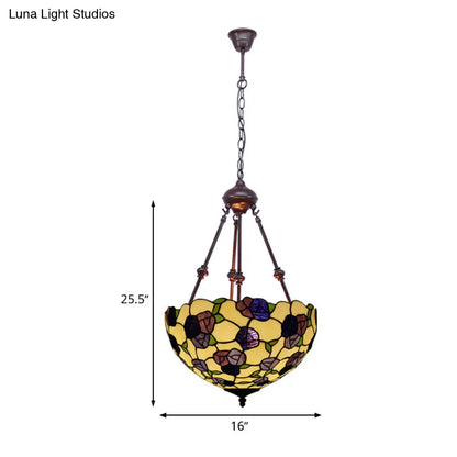 Hand Cut Glass Victorian Bowl Chandelier - 2 Lights, Red/Pink/Purple - Bedroom Pendant Lamp