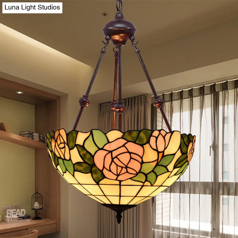 Hand Cut Glass Victorian Bowl Chandelier - 2 Lights, Red/Pink/Purple - Bedroom Pendant Lamp