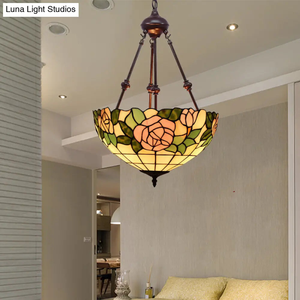 Hand Cut Glass Victorian Bowl Chandelier - 2 Lights, Red/Pink/Purple - Bedroom Pendant Lamp