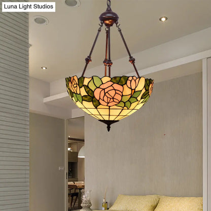 Hand Cut Glass Victorian Bowl Chandelier - 2 Lights, Red/Pink/Purple - Bedroom Pendant Lamp