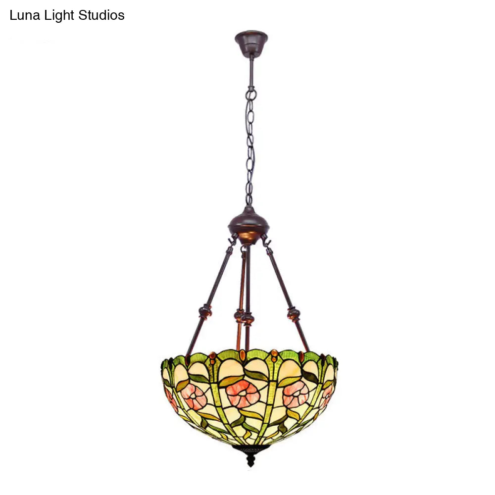 Hand Cut Glass Victorian Bowl Chandelier - 2 Lights, Red/Pink/Purple - Bedroom Pendant Lamp