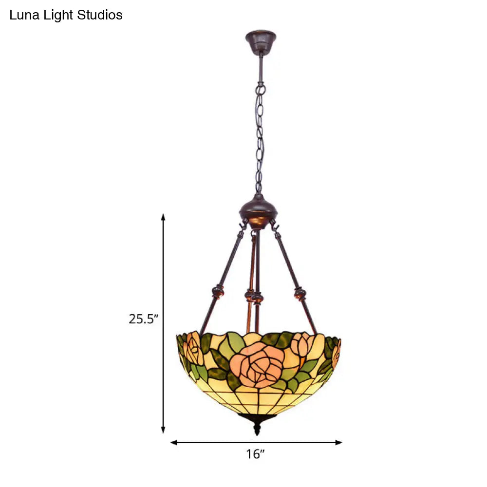 Hand Cut Glass Victorian Bowl Chandelier - 2 Lights, Red/Pink/Purple - Bedroom Pendant Lamp