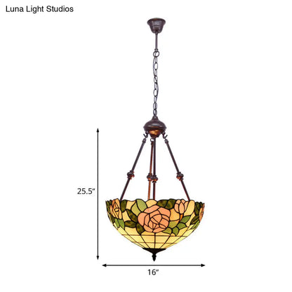 Hand Cut Glass Victorian Bowl Chandelier - 2 Lights, Red/Pink/Purple - Bedroom Pendant Lamp