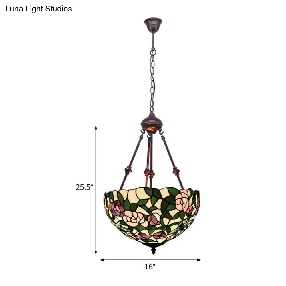 Hand Cut Glass Victorian Bowl Chandelier - 2 Lights, Red/Pink/Purple - Bedroom Pendant Lamp