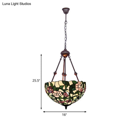 Hand Cut Glass Victorian Bowl Chandelier - 2 Lights, Red/Pink/Purple - Bedroom Pendant Lamp