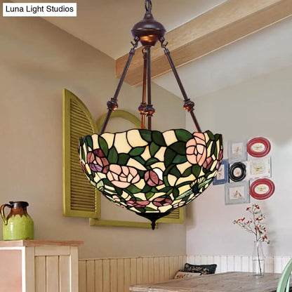 Hand Cut Glass Victorian Bowl Chandelier - 2 Lights, Red/Pink/Purple - Bedroom Pendant Lamp