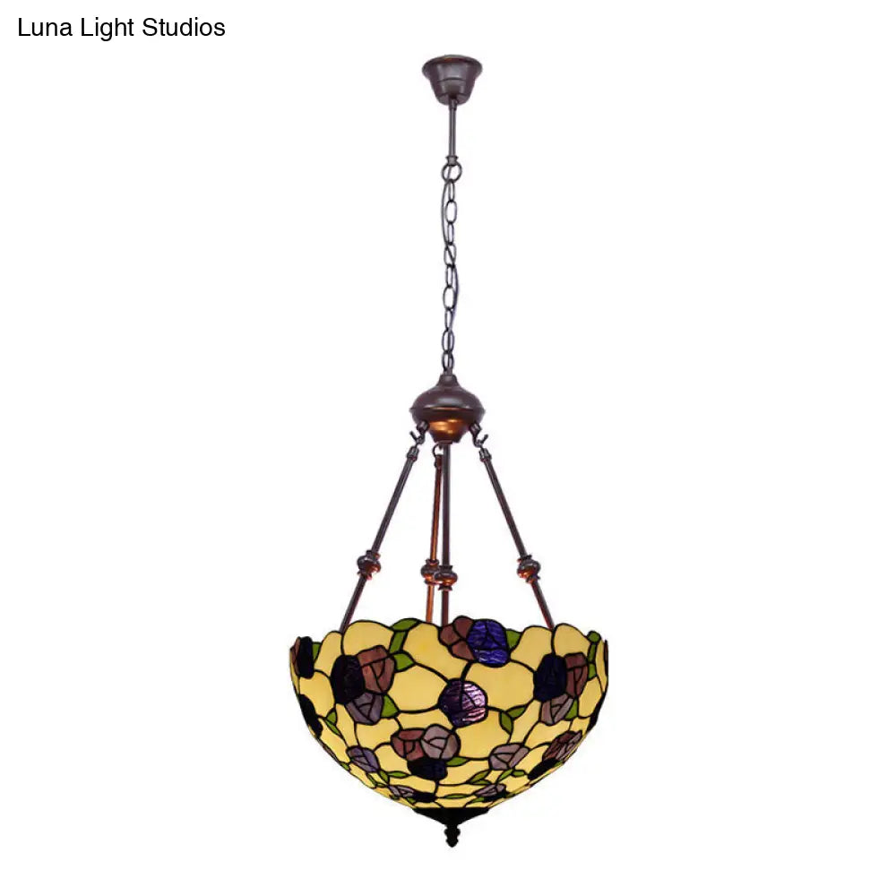 Hand Cut Glass Victorian Bowl Chandelier - 2 Lights, Red/Pink/Purple - Bedroom Pendant Lamp
