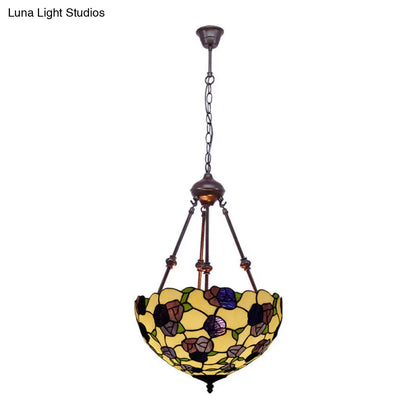 Hand Cut Glass Victorian Bowl Chandelier - 2 Lights, Red/Pink/Purple - Bedroom Pendant Lamp