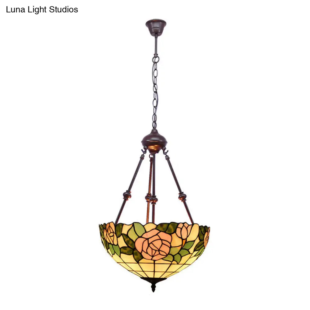 Hand Cut Glass Victorian Bowl Chandelier - 2 Lights, Red/Pink/Purple - Bedroom Pendant Lamp