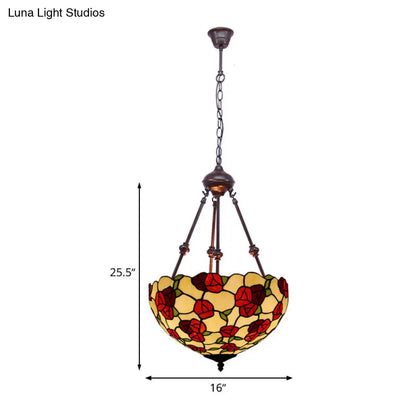 Hand Cut Glass Victorian Bowl Chandelier - 2 Lights, Red/Pink/Purple - Bedroom Pendant Lamp