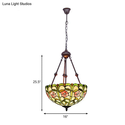 Hand Cut Glass Victorian Bowl Chandelier - 2 Lights, Red/Pink/Purple - Bedroom Pendant Lamp