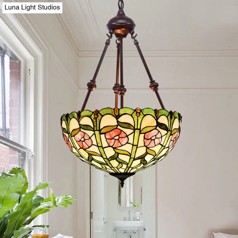 Hand Cut Glass Victorian Bowl Chandelier - 2 Lights, Red/Pink/Purple - Bedroom Pendant Lamp