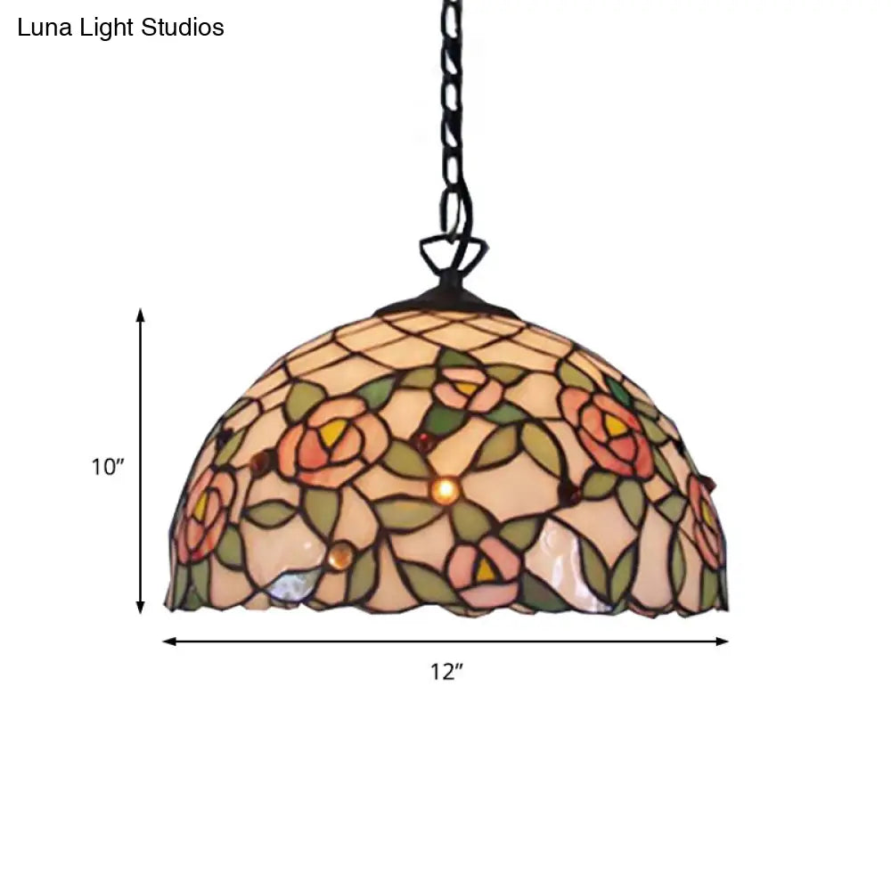 Hand Cut Pink Glass Tiffany-Style Pendant Light with Flower Pattern - Domed Suspension Design