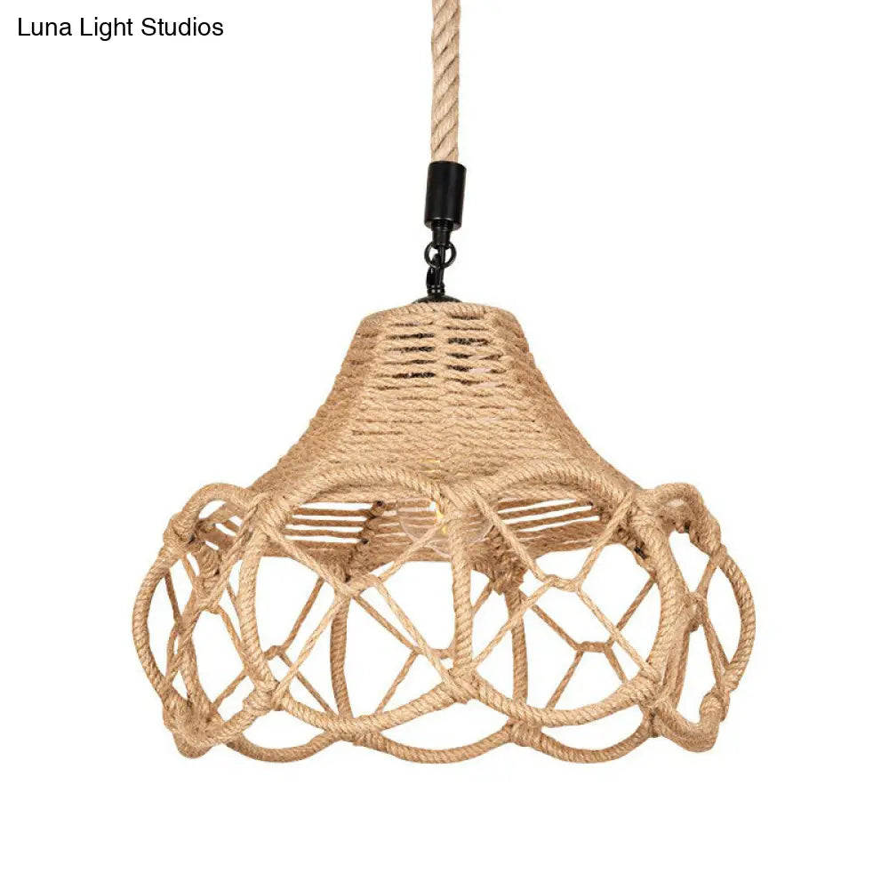 Hand-Knit Hemp Rope Floral Pendant Light - Brown Lodge Single-Bulb Fixture