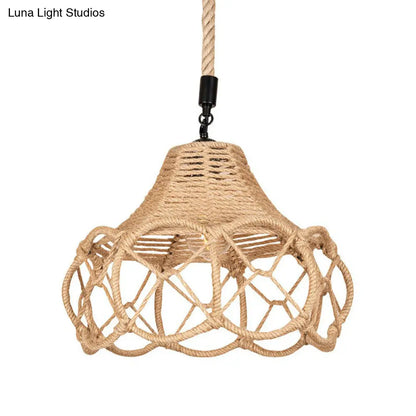 Hand-Knit Hemp Rope Floral Pendant Light - Brown Lodge Single-Bulb Fixture