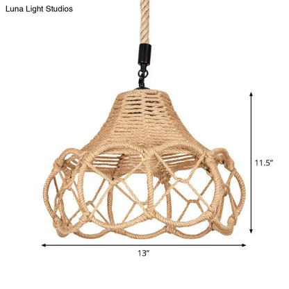 Hand-Knit Hemp Rope Floral Pendant Light - Brown Lodge Single-Bulb Fixture