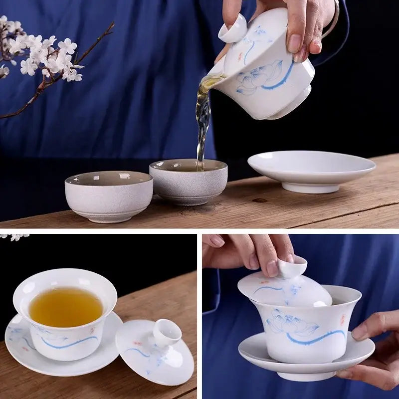 White porcelain gaiwan with hand painted blue floral bird and bamboo design including lid and saucer decorbites blue