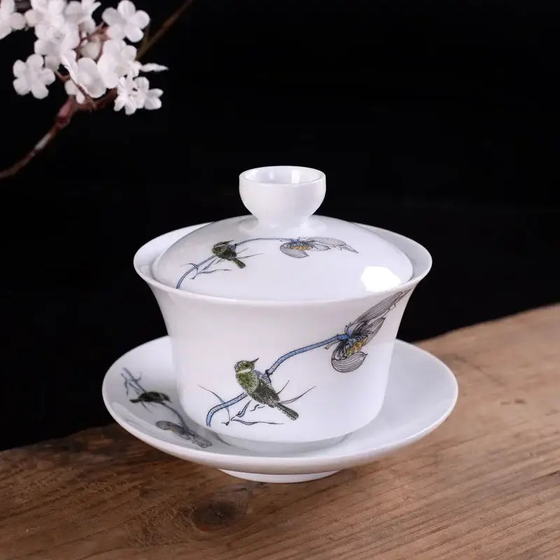 White porcelain gaiwan with hand-painted birds and bamboo in green blue and gray for decorbites blue tea set