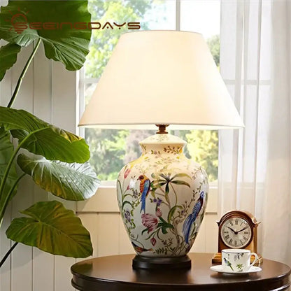 Hand-painted coral flower bird ceramic table lamp with cream base and off-white shade for elegant living room decorbites coral flower