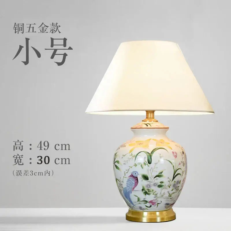 Hand-painted coral flower bird ceramic table lamp with white base and gold trim, ideal for living room decorbites coral flower decor