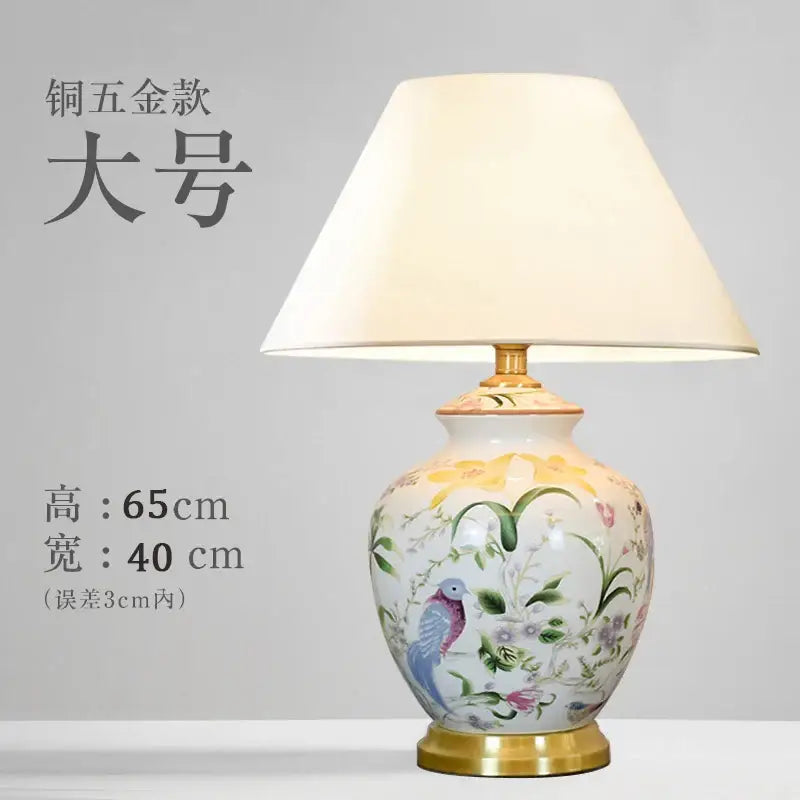 Hand-painted coral flower bird ceramic table lamp with white floral and bird design and gold-toned metal accents for living room decorbites table lamp