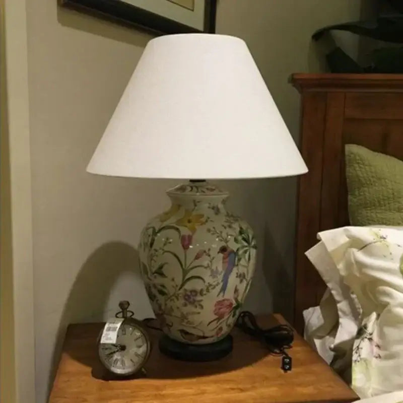 Hand-painted decorbites coral flower bird ceramic table lamp with white fabric shade for living room decor