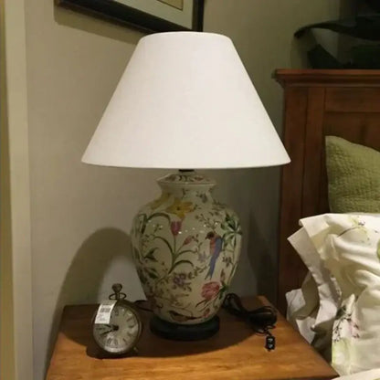 Hand-painted decorbites coral flower bird ceramic table lamp with white fabric shade for living room decor
