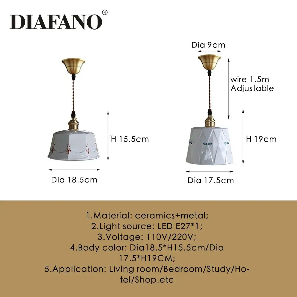 Hand painted cream decorbites ceramic pendant light with white ceramic and gold accents featuring led lighting