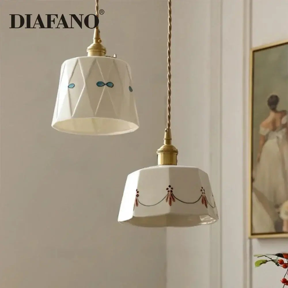 Hand painted cream decorbites ceramic pendant light with white ceramic and gold hardware for dining room use