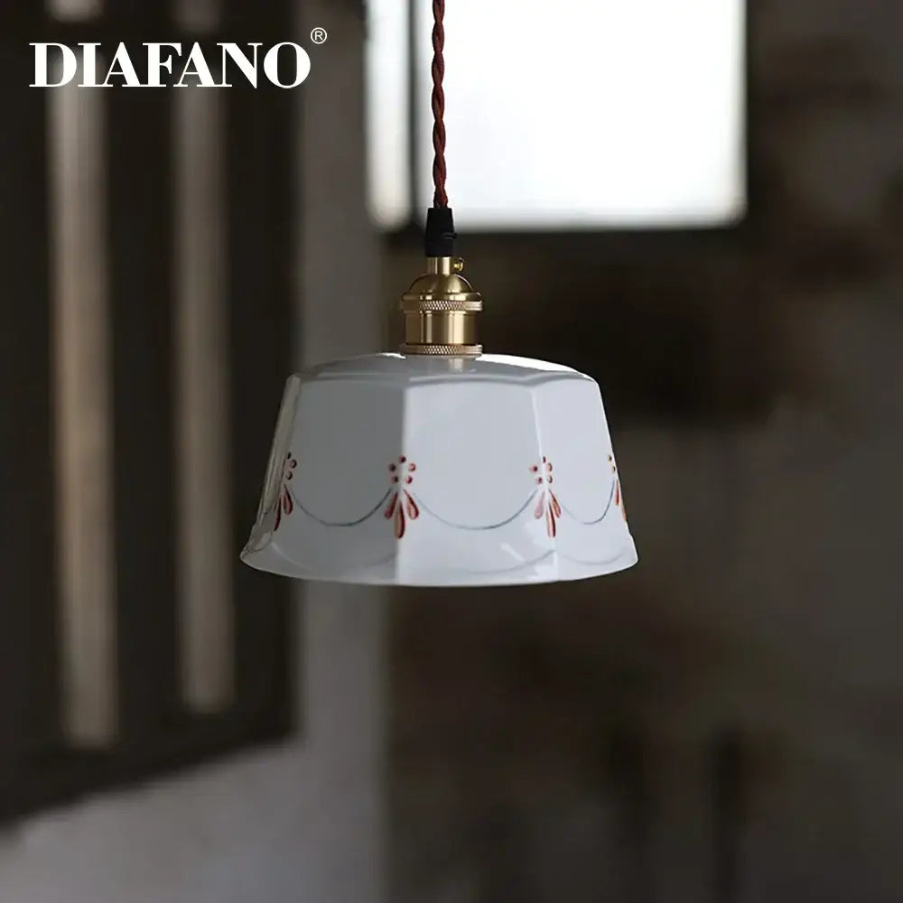 Hand painted cream decorbites ceramic pendant light with red black floral patterns brass fixture for dining room use
