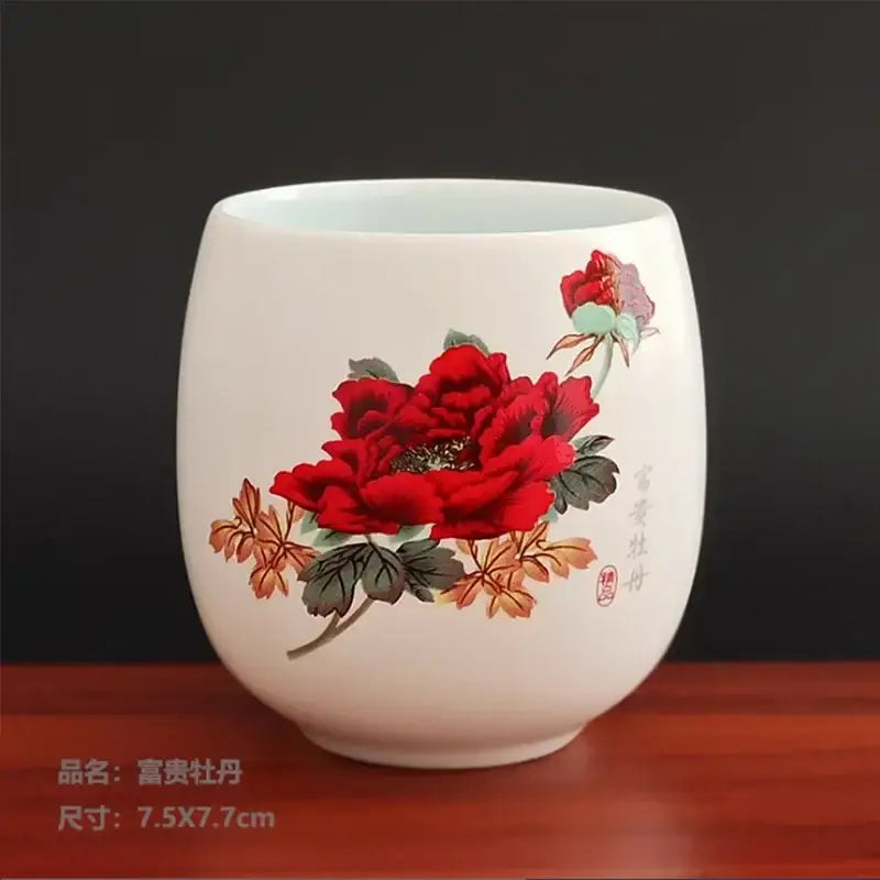 Hand-painted floral white porcelain kung fu tea cup with red peony and autumn leaves decorbites ceramic kung design