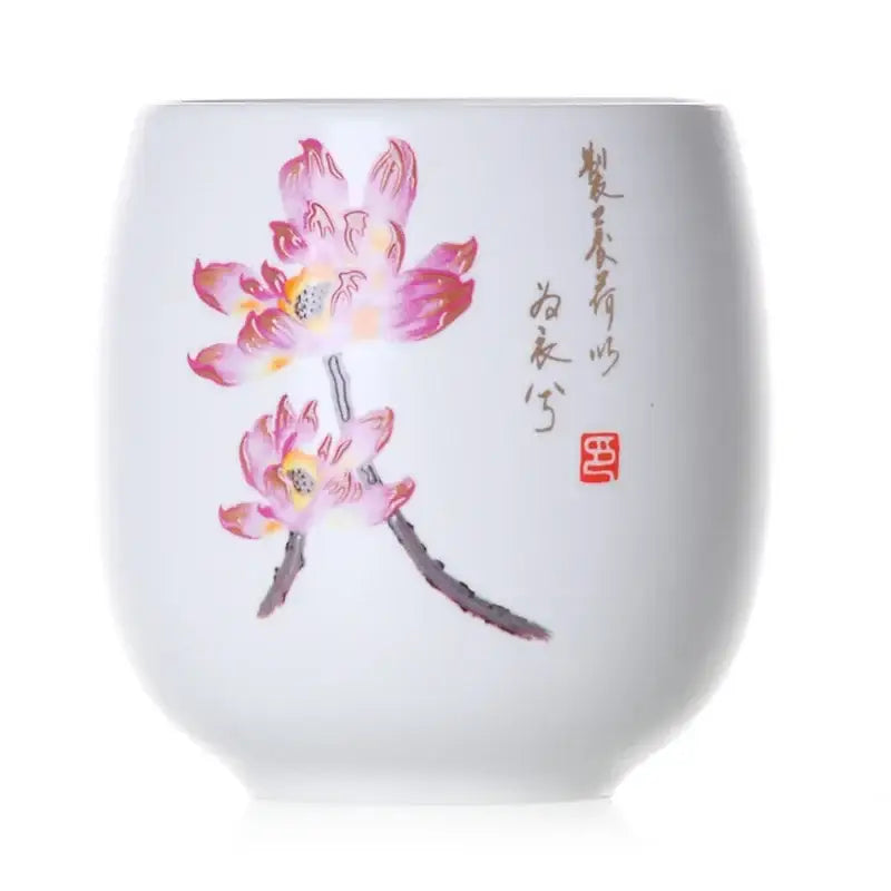 White porcelain kung fu tea cup with hand-painted pink and yellow lotus flowers and elegant calligraphy decorbites ceramic kung