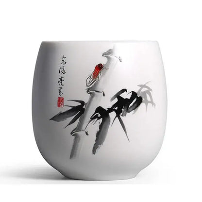 White porcelain kung fu tea cup with hand-painted bamboo and red cicada by decorbites ceramic kung for tea use