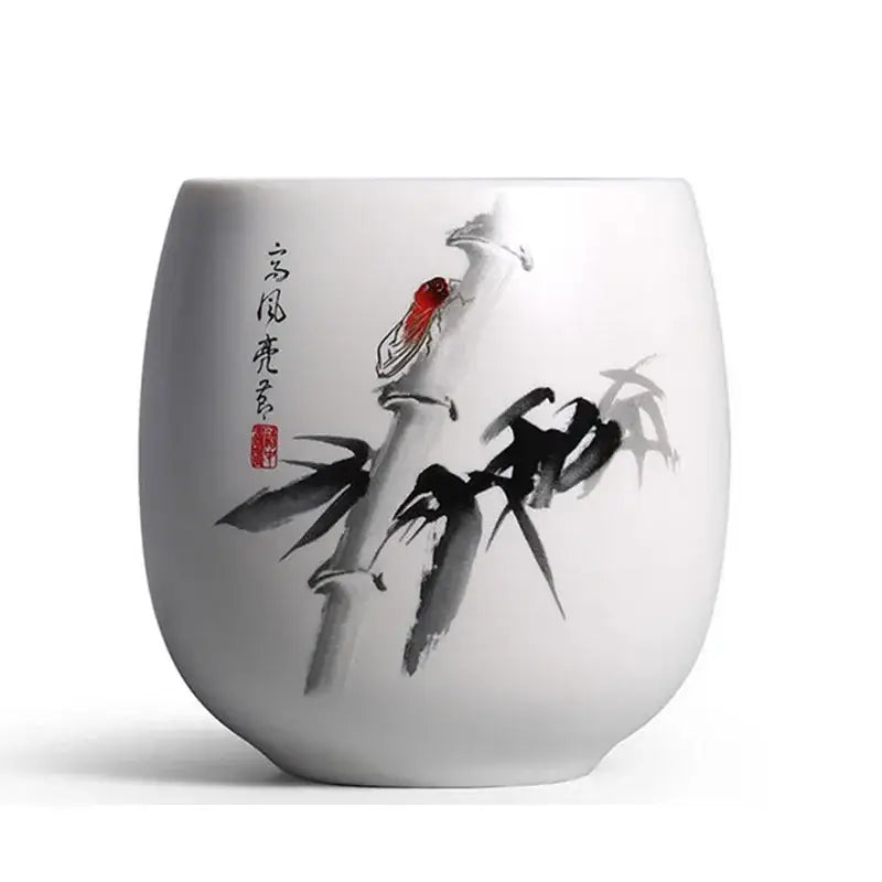 White porcelain kung fu tea cup with hand-painted bamboo and red cicada by decorbites ceramic kung for tea use