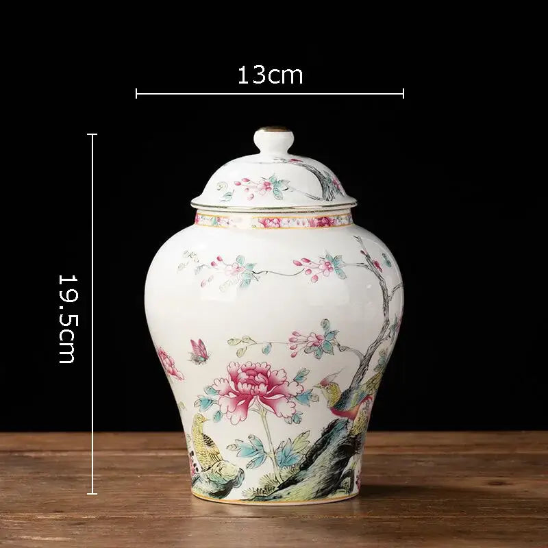 Hand-painted floral white porcelain tea canister with lid featuring pink peonies and birds for kitchen storage