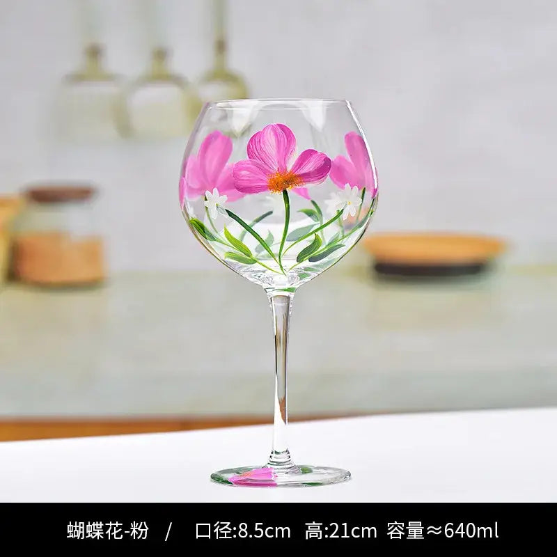 Hand-painted floral wine goblet with vibrant pink and white flowers on clear decorbites crystal glass for dining room