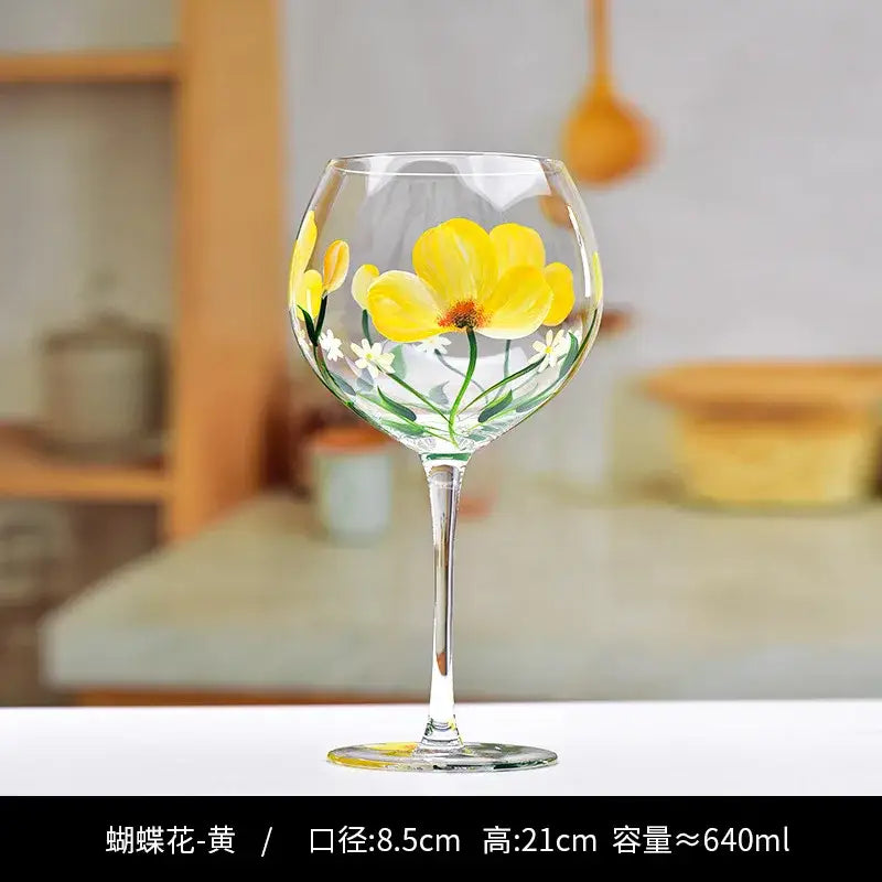 Hand-painted yellow poppy floral wine goblet with a clear decorbites crystal glass and slender stem for dining room use