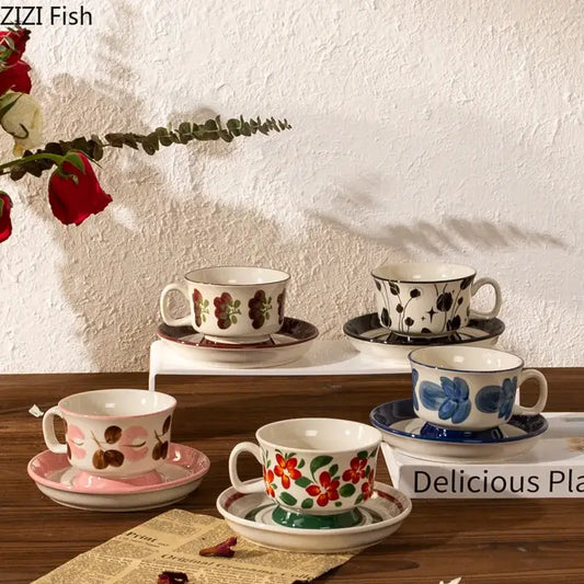 Hand-painted flowers pattern ceramic cup and saucer set in vibrant red blue and pink for dining room decorbites flowers pattern