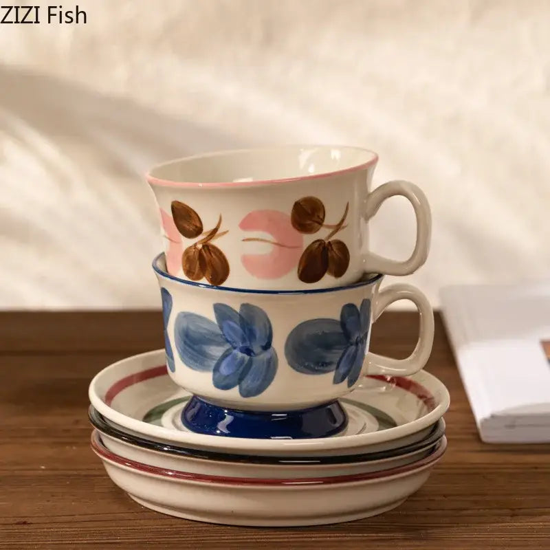 A hand-painted flowers pattern ceramic cup and saucer set with pink rim and brown leaves stacked on a blue-flowered mug