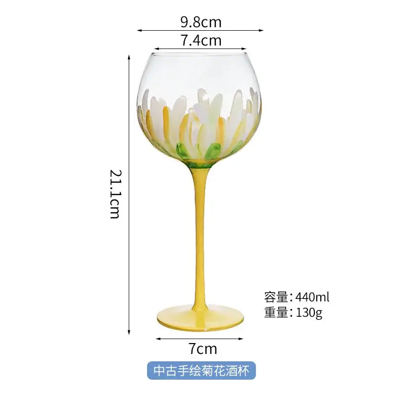 Hand painted glass goblet with yellow stem and base featuring white and yellow daisy petals for floral decor