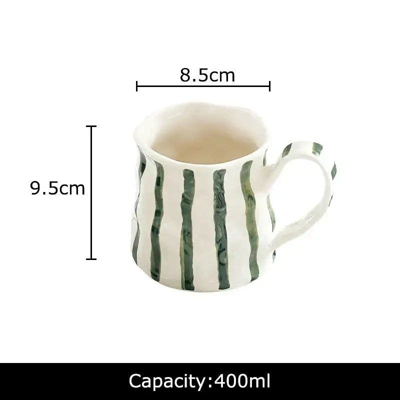 White ceramic mug with vertical green colorful stripes porcelain, 8.5cm wide 9.5cm tall, decorbites colorful stripes set