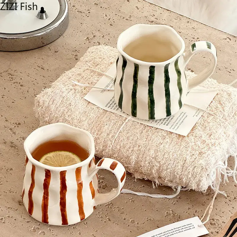 White ceramic mugs with hand-painted green and brown colorful stripes porcelain for kitchen decorbites set