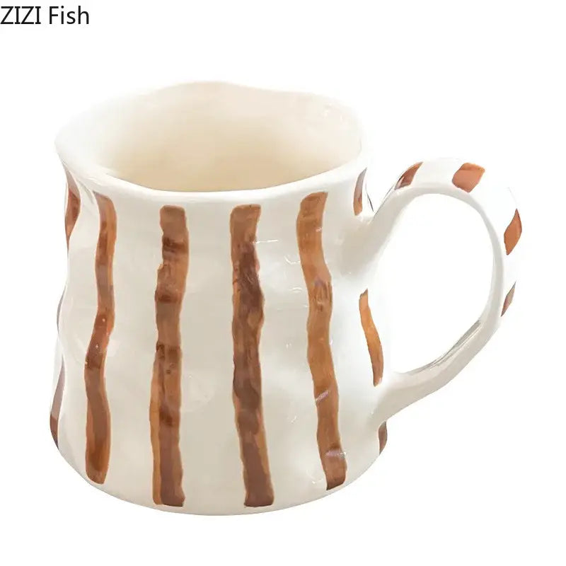 White ceramic mug with hand-painted rustic brown colorful stripes and textured finish from decorbites colorful stripes porcelain set