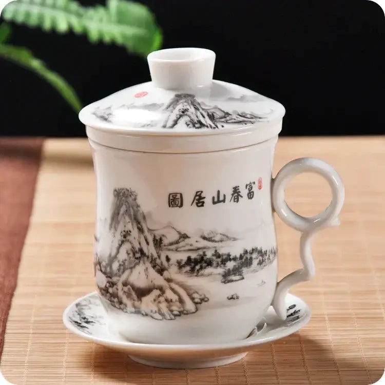 Hand painted lotus white porcelain tea cup with filter featuring black ink landscape and Chinese characters for dining room use
